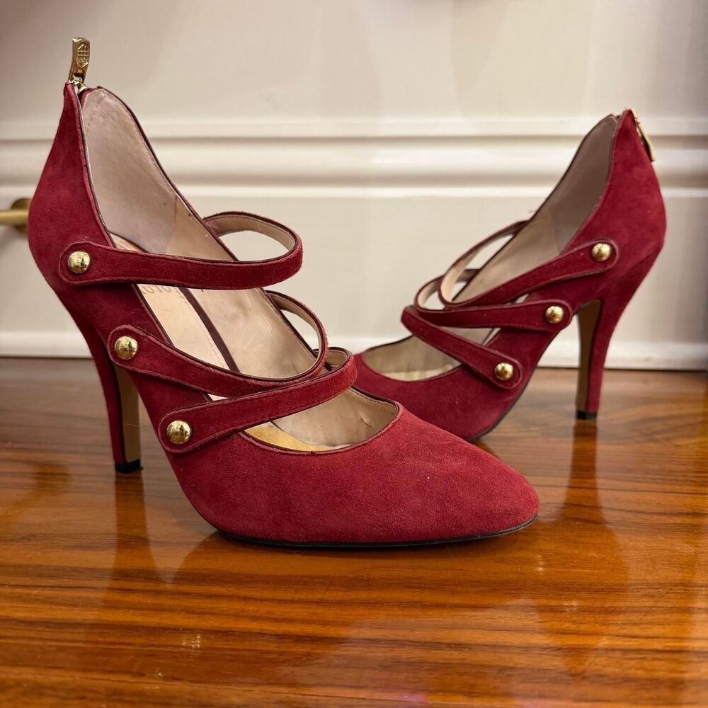 vince camuto burgundy suede strappy mary jane heels